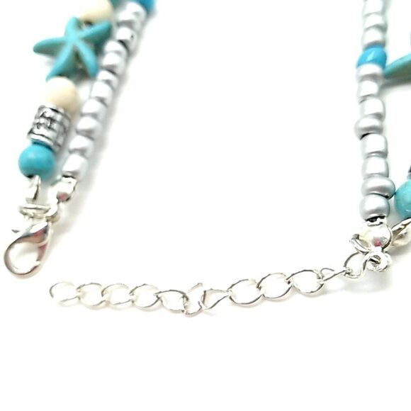 Double Strand Anklet Starfish Beaded Turtle Charm Turquoise & White NWOT - Picture 7 of 11